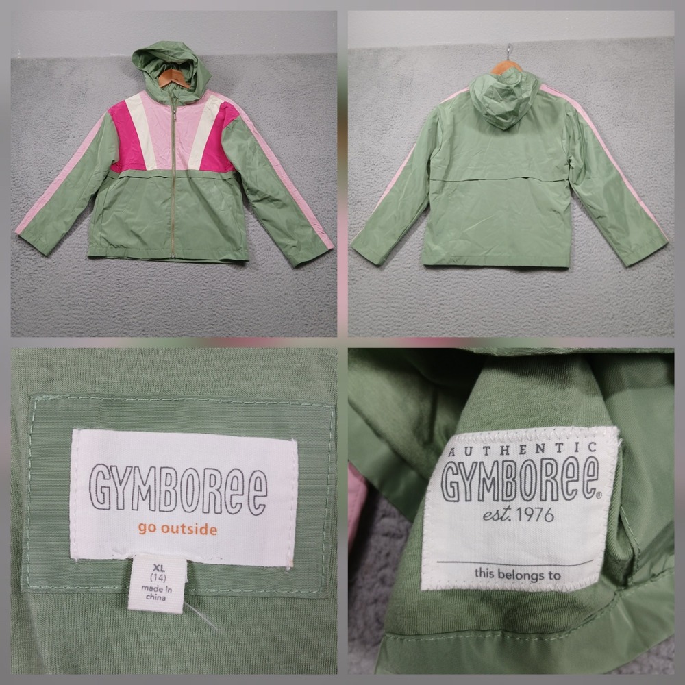 Gymboree Windbreaker Jacket Girls XL‎ 14 Green Pink Hooded Zip Colorblock